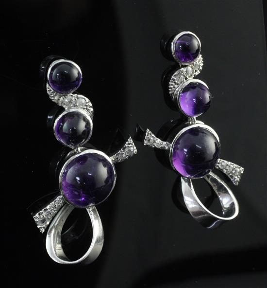 A pair of white gold, amethyst and diamond drop earrings, 1.5in.